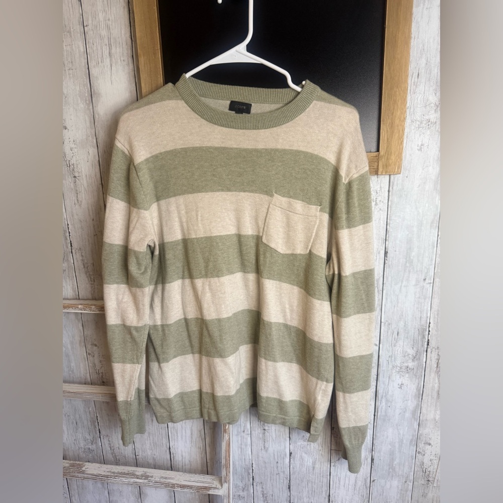 J Crew Sweater Womens MED Green Cream Striped Long Sleeve Pullover Cotton Blend